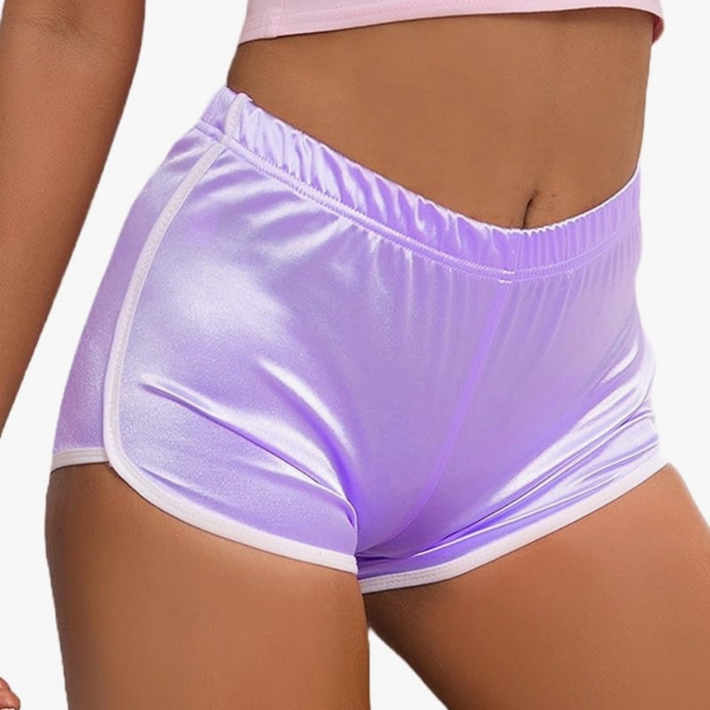 Women's Lavender Satin sports Shorts sexy booty rave bottoms workout gym stripe - Picture 2 of 2